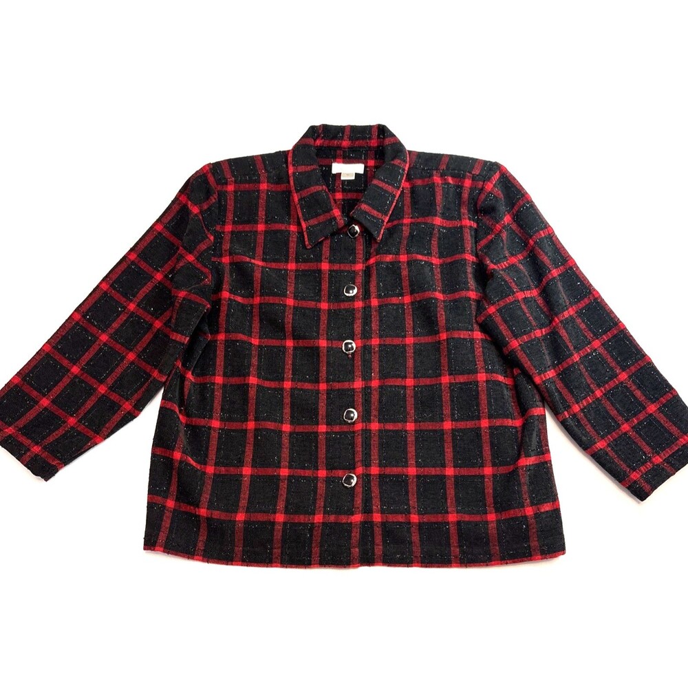 Christopher & Banks Plaid Blazer Silver Buttons Glitter Thread Red Black Sz XL